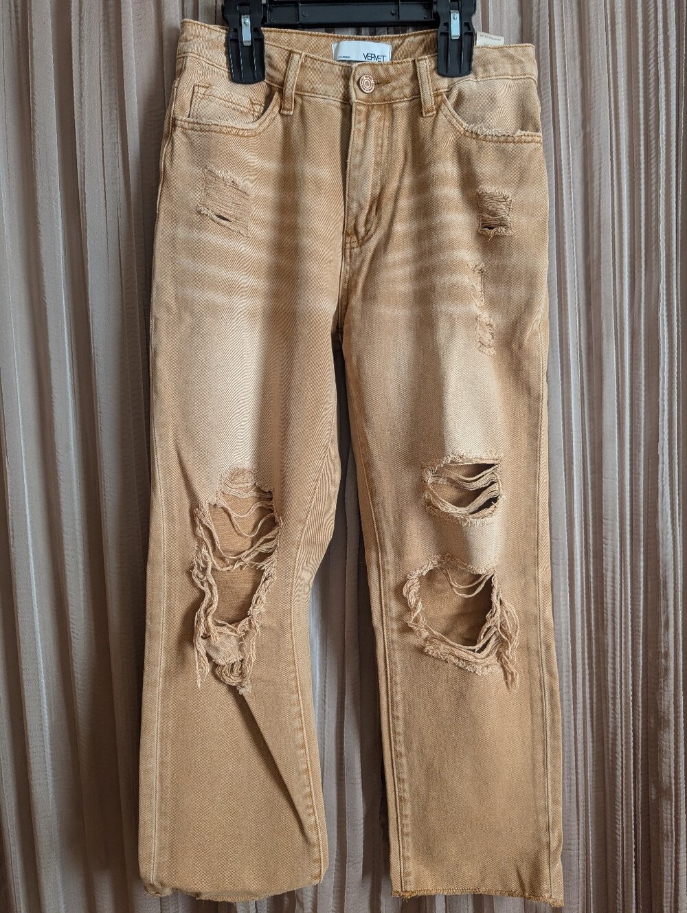 VERET High-Rise Distressed Wide Leg Jeans in Tan